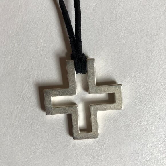 Silver Tone Cross Necklace Leather Cord Statement Cutout Square Express Vintage - Picture 2 of 7